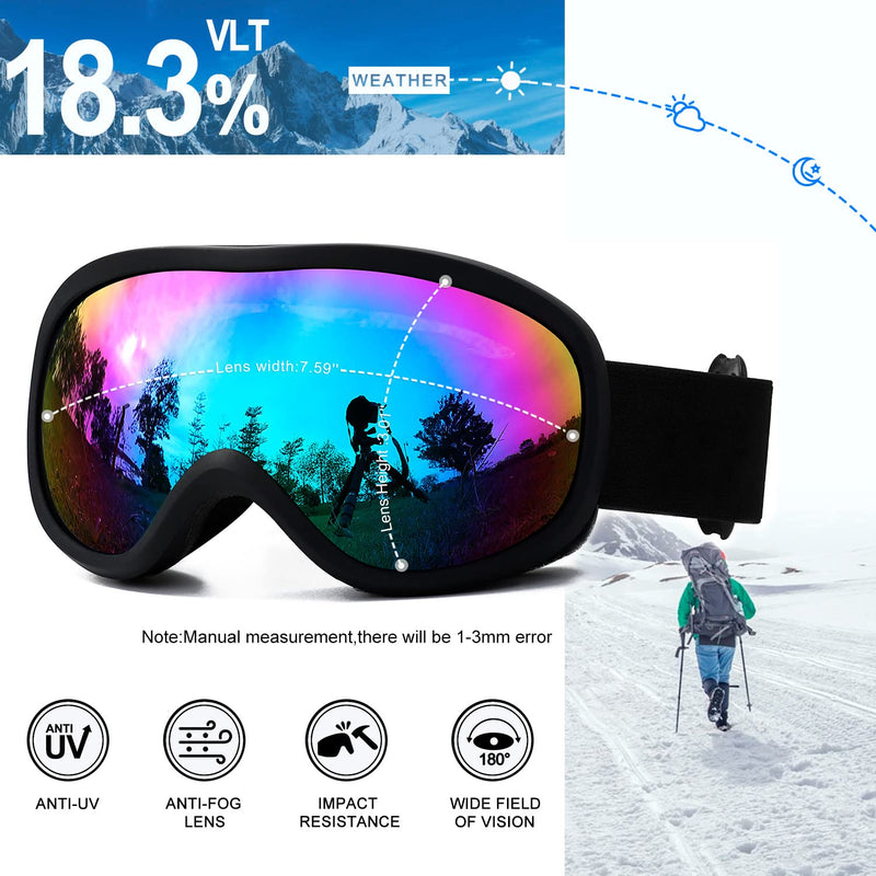 [Australia - AusPower] - AVV OTG Ski Goggles for Men Women With Anti-Fog Dual Layer lens, UV400 Snow Goggle for Snowboarding Snowmobiling Skating Black&grey Colorful Green Lens 