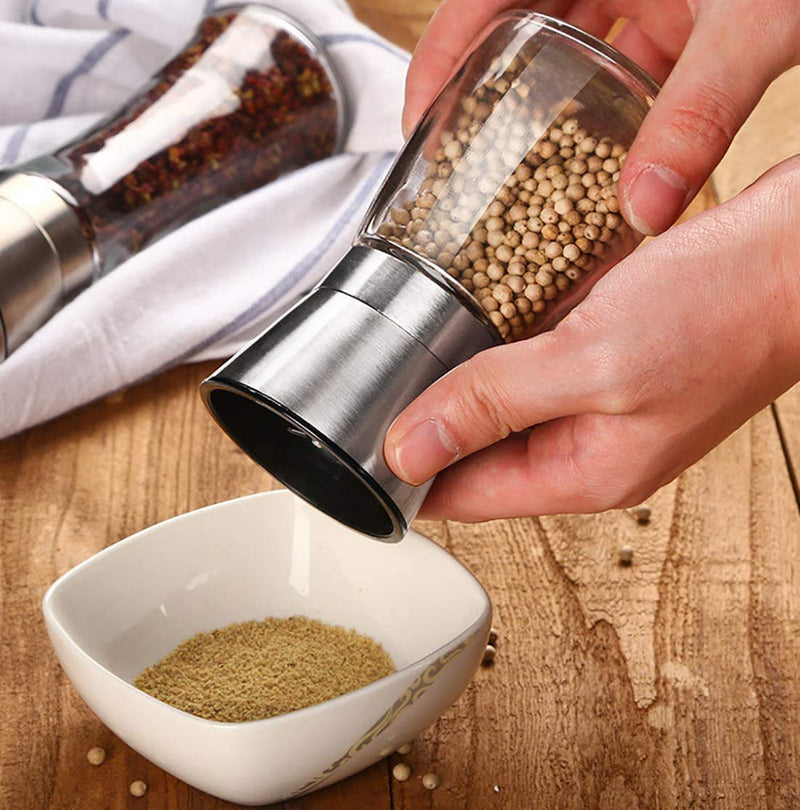 [Australia - AusPower] - 2 Packs Salt and Pepper Mills Brushed Stainless Steel Salt and Pepper Grinder Set(Pack of 2) with Adjustable Ceramic Coarseness Grinder and Glass Body- Salt and Pepper Shakers 