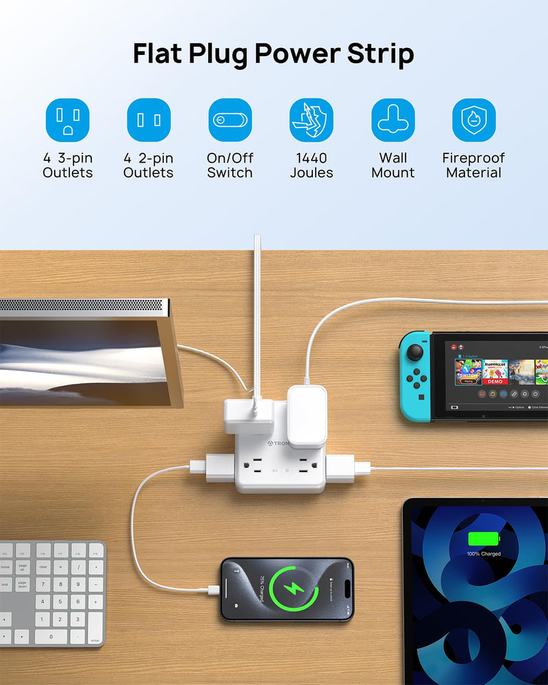 [Australia - AusPower] - TROND Power Strip Surge Protector, Flat Plug Extension Cord 1625W, 8 Widely-Spaced Outlets, 5FT Ultra Thin Cord, 1440J Surge Protection, Desk Charging Station for Home, Office, Dorm Room, White 5 FT 