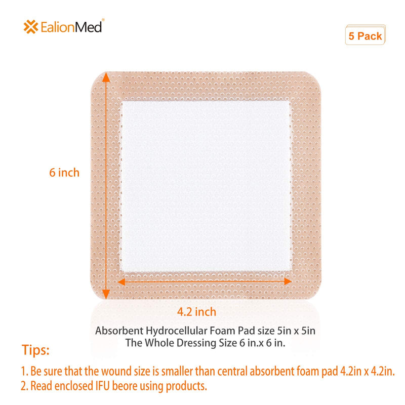 [Australia - AusPower] - Silicone Foam Dressing with Gentle Adhesive Border 6''x6'' 5 Pack, Painless Removal High Absorbency Waterproof Bed Sore Bandage for Pressure Ulcer, Leg Ulcer, Diabetic Foot Ulcer by EalionMed 6x6 Inch (Pack of 5) 