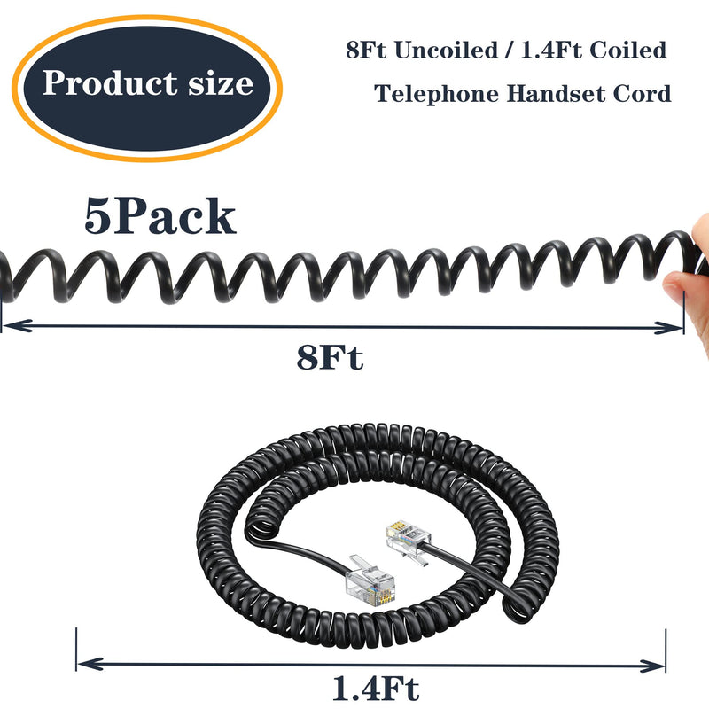 [Australia - AusPower] - Ubramac Telephone Handset Cord,Coiled Wire 5 Pack 8Ft Uncoiled / 1.4Ft Coiled Landline Phone Handset Cable RJ9 4P4C Telephone Accessory -5 Pack 