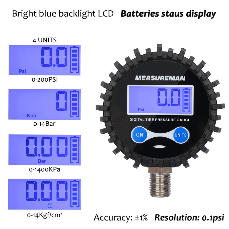 [Australia - AusPower] - Measureman 2-1/2" Dial Size Digital Air Pressure Gauge with 1/4'' NPT Bottom Connector and Protective Boot, 0-200psi, Accuracy 1%, Battery Powered, with LED Light 2.5" 1/4"NPT lower Long thread 0-200psi 