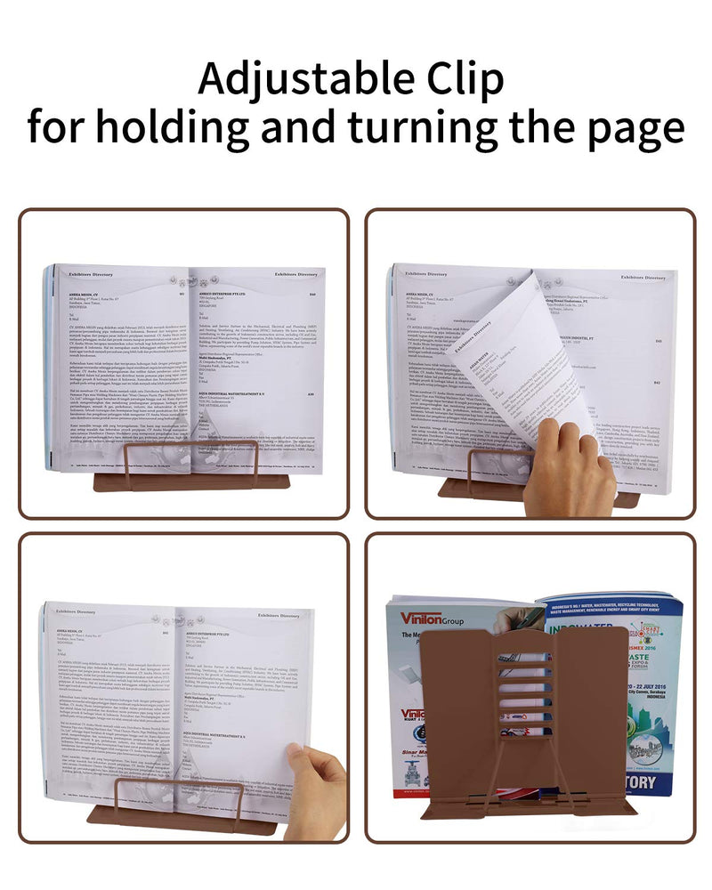 [Australia - AusPower] - MSDADA Desk Book Stand Metal Reading Rest Book Holder Adjustable Cookbook Documents Holder Portable Sturdy Bookstands for Recipes Textbooks Tablet Music Books with Page Clips (Brown) Brown 