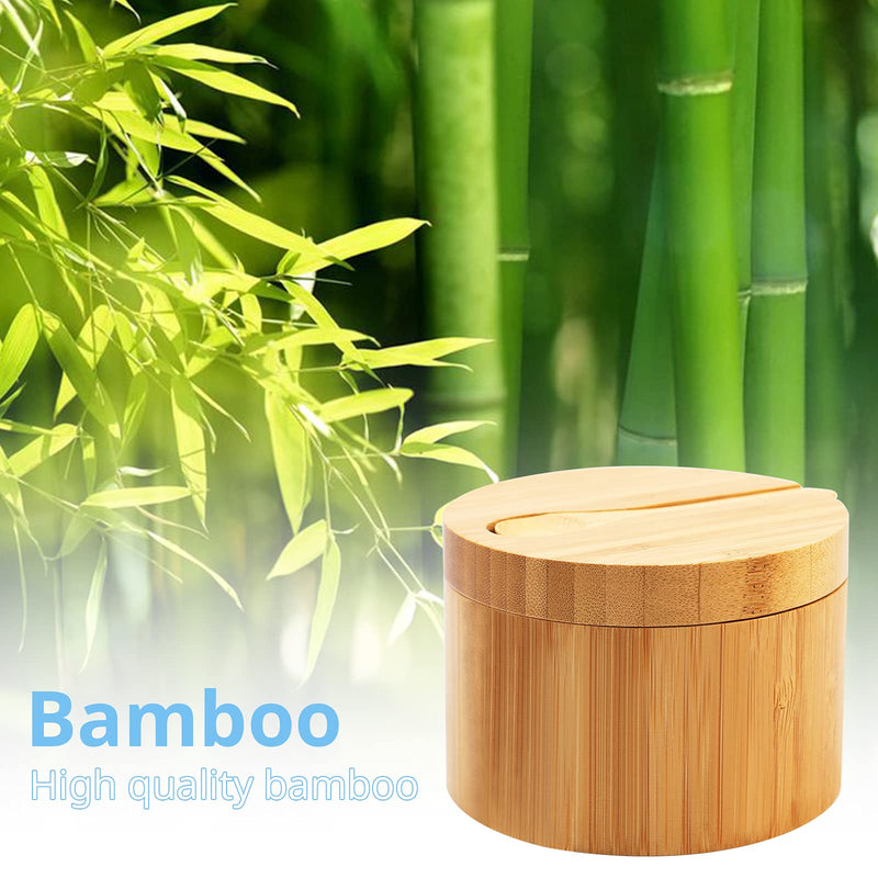 [Australia - AusPower] - Bamboo Salt Cellar with Mini Spoon by HTB, Kitchen Salt Box with Swivel Magnetic Closure Lid, Round Salt Container to Storage Pepper Spice Bath Salt Sea Salt 1pcs 