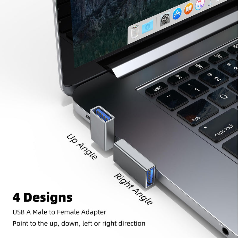 [Australia - AusPower] - AreMe 90 Degree USB 3.0 Adapter 4 Pack, Up and Down Angle, Left and Right Angle USB A Male to Female Converter Extender for PC, Laptop, USB A Charger, Power Bank and More (Grey) Grey 