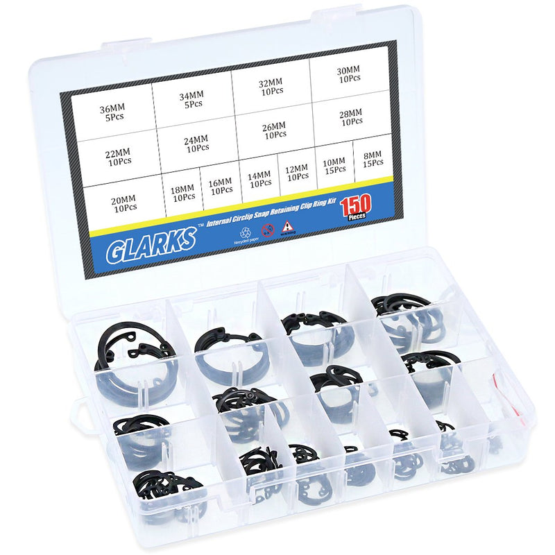 [Australia - AusPower] - Glarks 150-Pieces 15 Size Metric Alloy Steel Internal Circlips Snap Retaining Ring Assortment Kit 