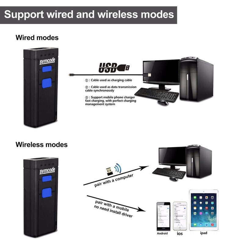 [Australia - AusPower] - Symcode Bluetooth Wireless Barcode Scanner,Compatible with Bluetooth Function & 2.4GHz Wireless, Portable Barcode Reader Work with Windows, Mac,Android, iOS Phones, Tablets or Computers 