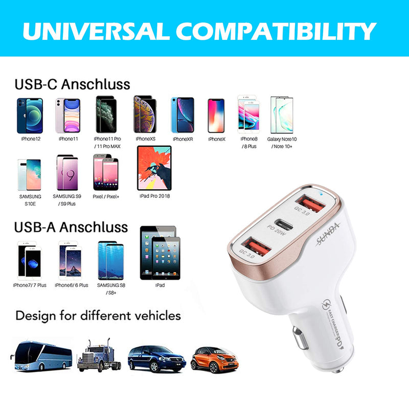 [Australia - AusPower] - SUNDA 38W USB C Car Charger, 3-Ports Fast Car Charger for Cell Phone, Type C Car Charger Adapter, PD 20W Compatible with iPhone 13/12 Pro/Max/iPhone 11/Pad Pro/Galaxy/Samsung, 18W QC3.0 for Android CC53-2A1C 