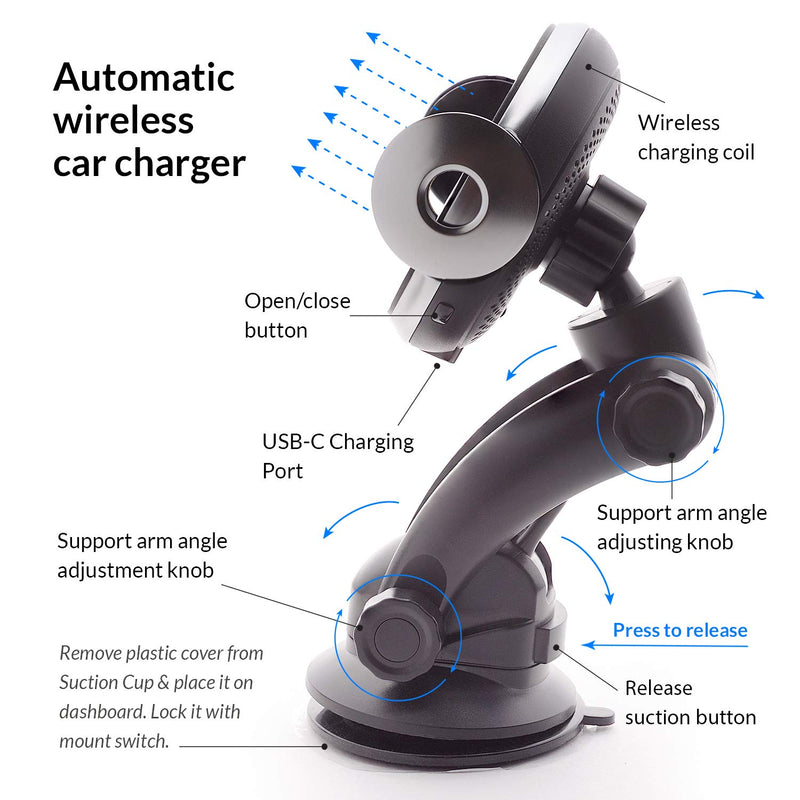 [Australia - AusPower] - Automatic Wireless Car Charger Fast Phone Charging Mount Holder Qi Auto Сlamping Device Smartphone Charge Infrared Sensor Mounted Air Vent Fan Windshield Dashboard Compatible iPhone Galaxy Note Wireless Car Charger Silver 