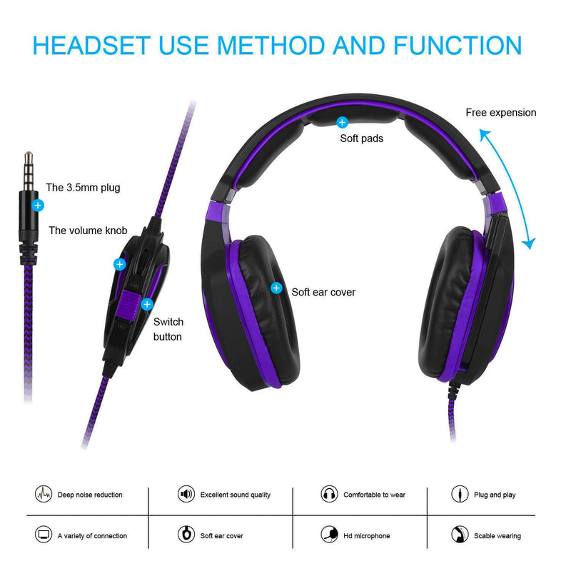 [Australia - AusPower] - Anivia Gaming Headset Noise Isolating Over Ear Headphones with Mic, Volume Control, Bass Surround, Soft Memory Earmuffs for Xbox One PS4 PC Laptop Mac Phones Switch Games-AH28plus Black Purple AH28 Purple 