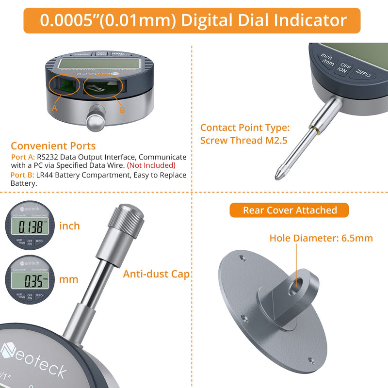 [Australia - AusPower] - Neoteck DTI Electronic Digital Dial Indicator 1''/25.4mm | Digital Probe Indicator Dial Test Gauge High Resolution: 0.0005''/0.01mm - Silver Gray 