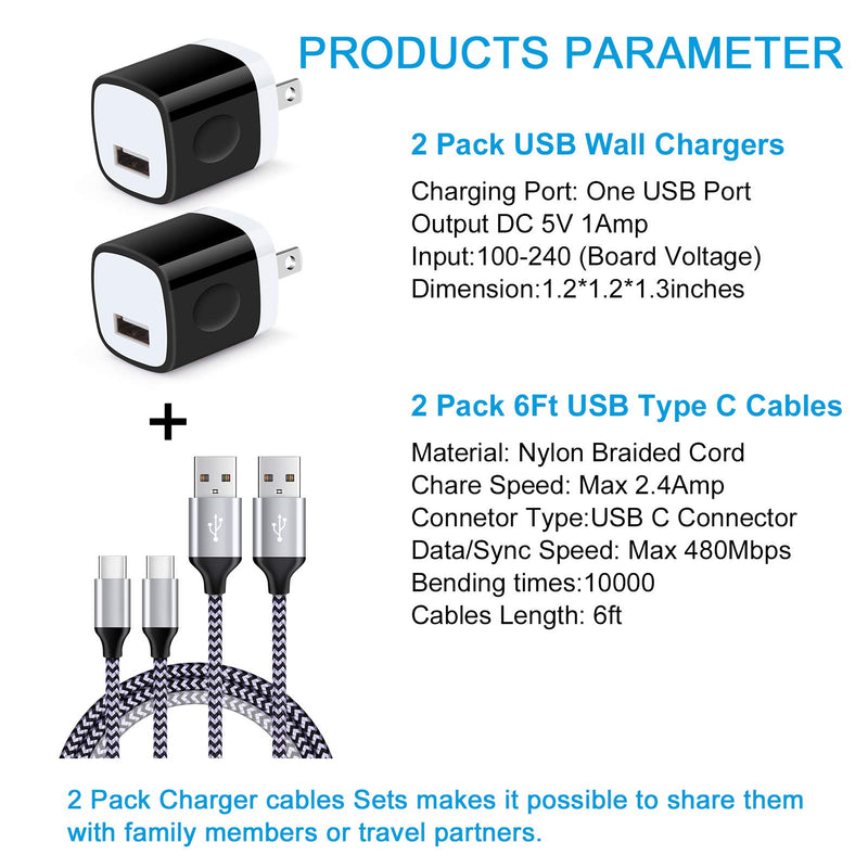 [Australia - AusPower] - USB Type C Wall Charger Plug 5V 1A Power Adapter for Samsung Galaxy S22 S21s Ultra 5G S20 S10 S9 Plus Note 20 Note10 9 8, LG V70 V60 ThinQ G8 G6 with 2 Pack 6FT Type-C Fast Charging Cable Cords Black 