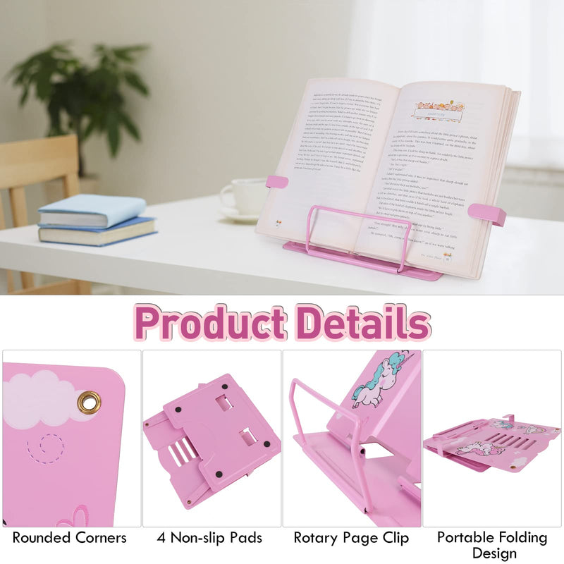 [Australia - AusPower] - Book Stand for Reading,Unicorn Metal Desk Textbook Holder,Hands Free Cookbook Recipes Holder,Foldable Desktop Bookstand Book Rest for Music Book Magazine iPad Document with 6 Adjustable Angles (Pink) Pink 