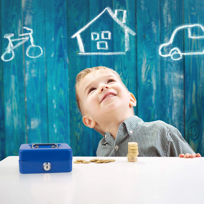 [Australia - AusPower] - Cash Box with Lock and Slot for Kids Small Cash Box with Money Tray Metal Piggy Bank Safe Box 4.9" x 3.7" x 2.4" Blue X-Small Blue With Coin Slot 