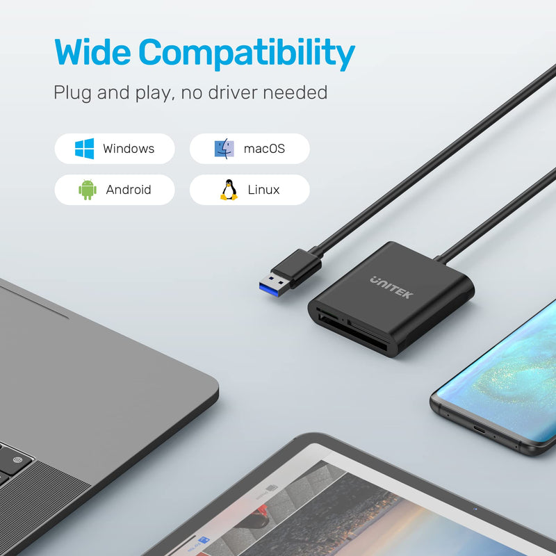 [Australia - AusPower] - Unitek USB Card Reader 3-Slot USB 3.0 Compact Flash Card Reader, Read 3 Cards Simultaneously, Aluminum Memory Card Adapter CF, TF, SDXC, SDHC, SD, Micro SDXC, Micro SD, Micro SDHC- 4FT (Black) 4ft / Black / USB-A 