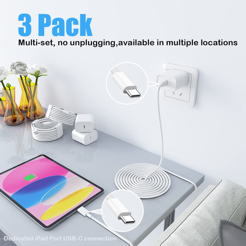[Australia - AusPower] - iPad Charger,iPad Pro Charger,3Pack 20W USB C Fast Charger Block with Apple Certified 6FT USB C to C Cord for iPad Pro 12.9/11 inch 2022/2021/2020/2018,iPad Air 5th/4th,iPad Mini 6th Gen,iPad 10th Gen 