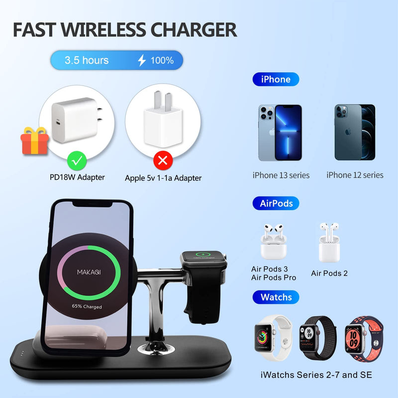 [Australia - AusPower] - MAKAQI 3 in 1 Magnetic Wireless Charger Station Compatible with iPhone 13/12 Pro/Pro Max/Mini Charging Stand with 18W PD Plug for AirPods 3/2/ Pro,iWatch 7/6/SE/5/4/3/2(Only for iPhone13&12 Series) 