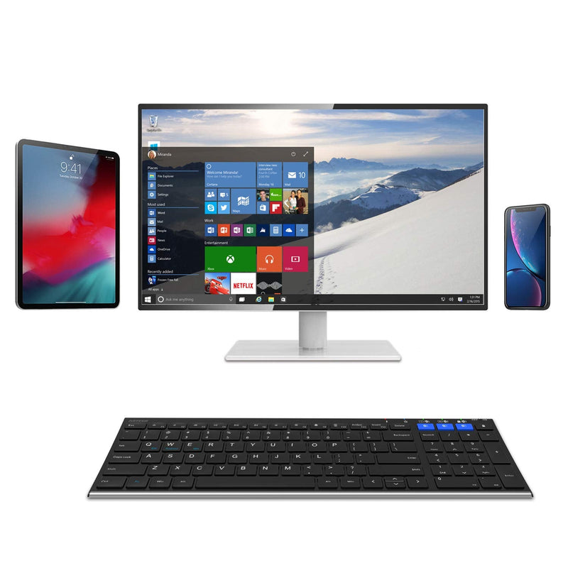 [Australia - AusPower] - Arteck HB193 Universal Bluetooth Keyboard Multi-Device Stainless Steel Full Size Wireless Keyboard for Windows, iOS, Android, Computer Desktop Laptop Surface Tablet Smartphone Rechargeable Battery 