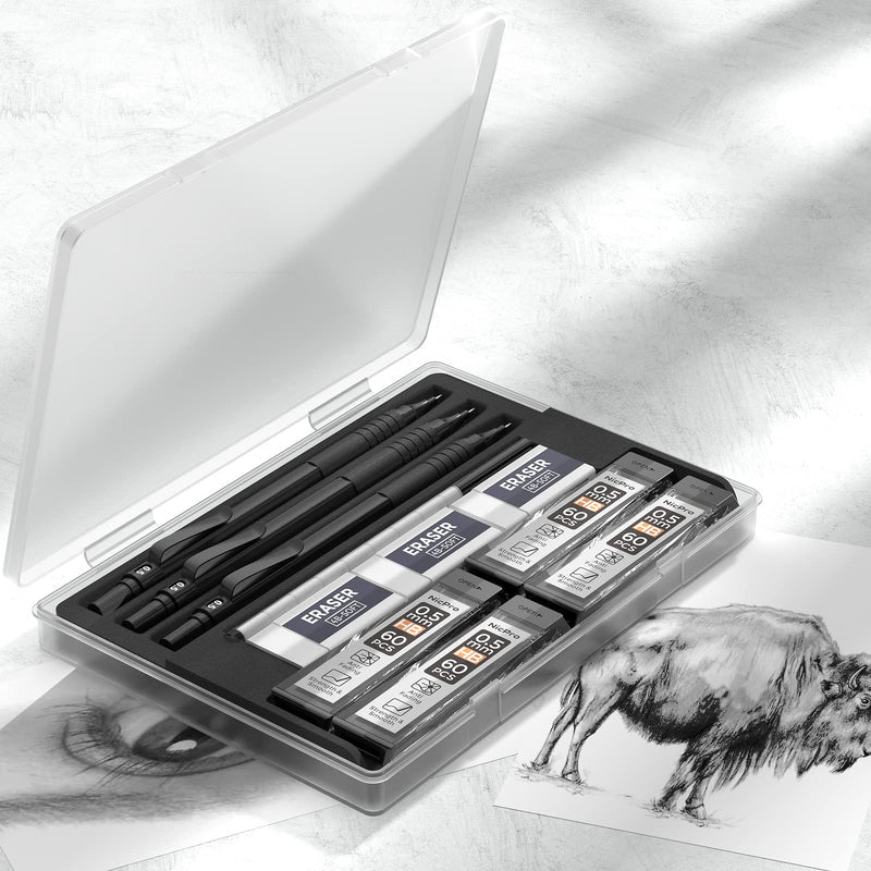 [Australia - AusPower] - Nicpro 0.5 mm Mechanical Pencils Set with Case, 3 Metal Artist Pencil With 6 Tubes HB Lead Refills, 3 Erasers, Eraser Refills For Architect Art Writing Drafting, Drawing, Engineering, Sketching, Black 