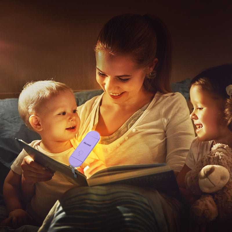 [Australia - AusPower] - Akomid Book Light, USB Rechargeable Reading Light, Eye-Cared Amber Light Mode Book Light for Reading in Bed Kids, 8 LEDs Bookmark Portable Book Light Clip on, Stepless Dimming, Purple 