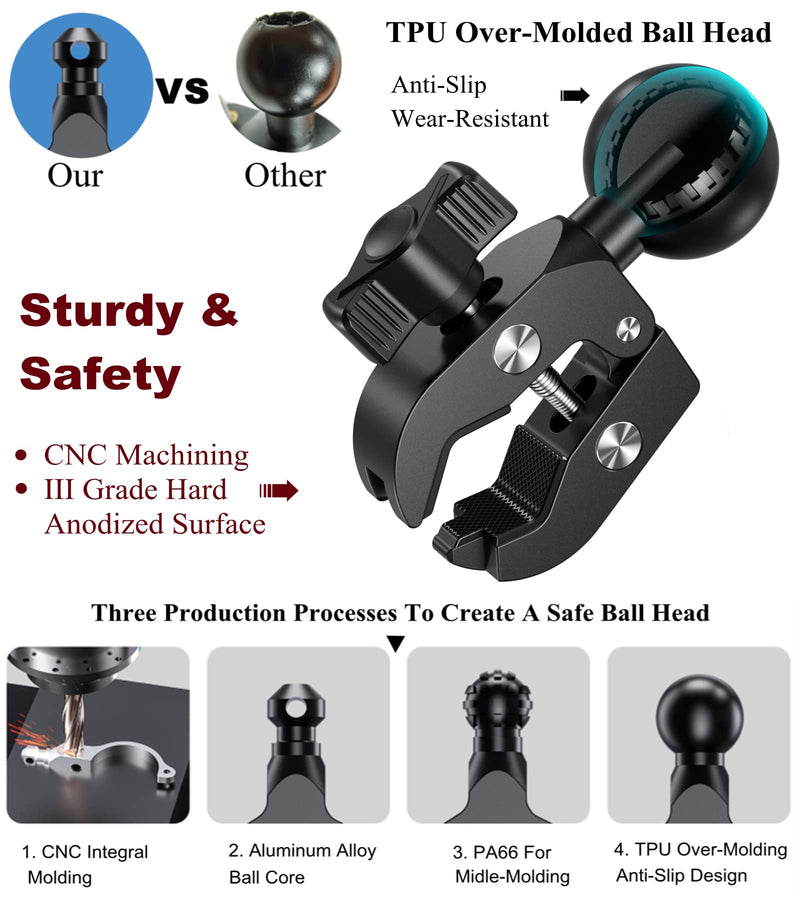 [Australia - AusPower] - BRCOVAN Aluminum Alloy Handlebar Clamp Mount Base with 1.5'' TPU Ball for Rails 0.5'' to 2'' in Diameter, Compatible with RAM Mounts C Size 1.5 Inch Ball Double Socket Arm 