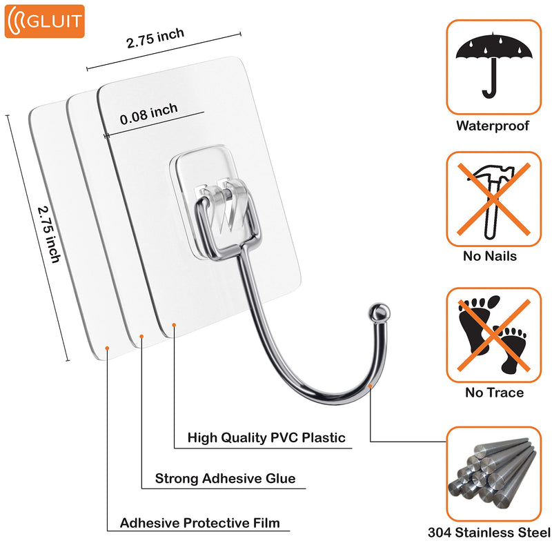[Australia - AusPower] - GLUIT Large Adhesive Hooks for Hanging Heavy Duty Wall Hooks 22 lbs Self Adhesive Towel Waterproof Transparent Hooks for Bag Shower Outdoor Kitchen Cup Hooks Curtain Door Coat Hooks 6 Pack 6 Large Hooks 