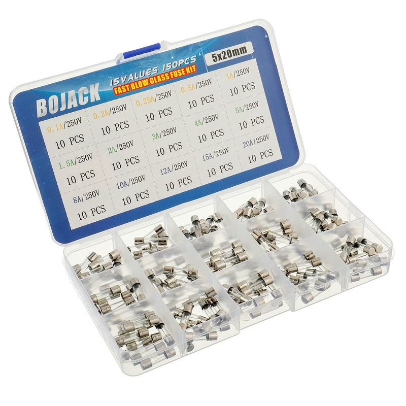 [Australia - AusPower] - BOJACK 15 Values 150 pcs Fast Blow Glass Fuses Assortment Kit 5x20 mm 250 V 0.1 0.2 0.25 0.5 1 1.5 2 3 4 5 8 10 12 15 20 A packag in a Clear Plastic Box Original version 