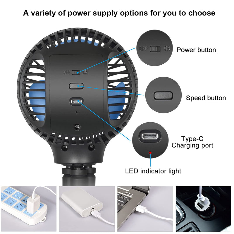 [Australia - AusPower] - WiHoo Mini Handheld Stroller Fan,Personal Portable Fan Car Seat Baby Fan with Flexible Tripod Fix on Stroller,USB or Battery Operated Desk Fan Adjustable 3 Speeds for Camping Black 