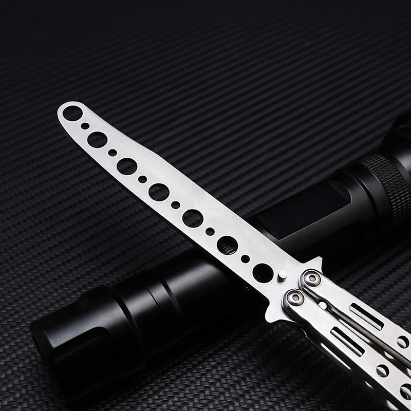 [Australia - AusPower] - HUACHENG Butterfly knife trainer, stainless steel training tool for training and practice, durable folding (Black and Silver, Set of 2). 