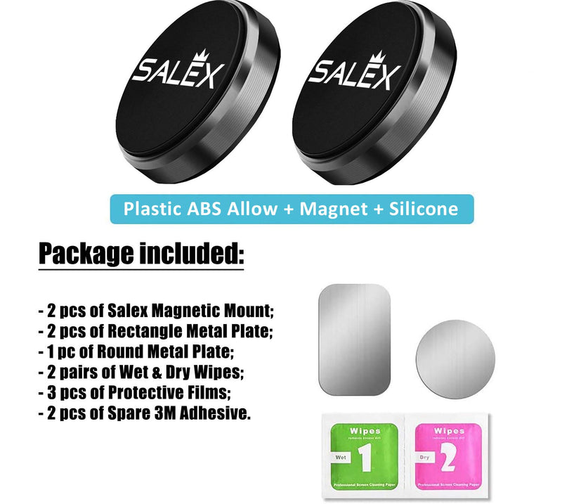 [Australia - AusPower] - SALEX Black Magnetic Mounts Set. Pack of 2 Flat Cell Phone Holders for Car Dashboard, Wall, Windshield, Mirror, Table. Stick-On Universal Kit Compatible with GPS, Tablets and Smartphones up to 9.7". 2 Pack 