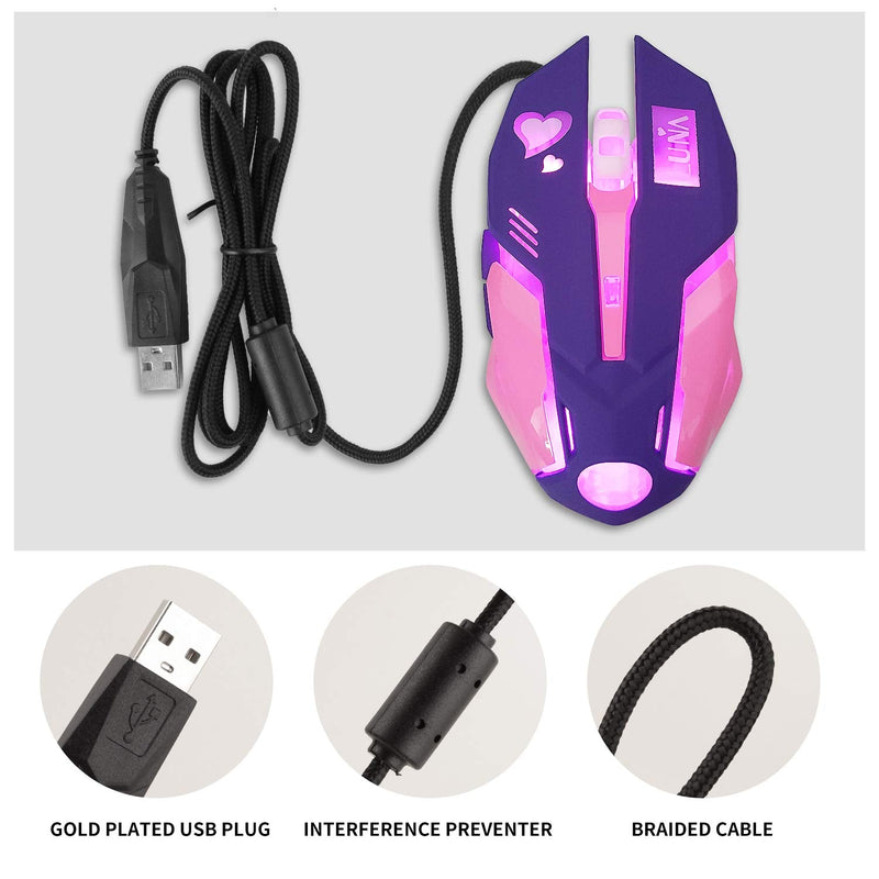 [Australia - AusPower] - Gaming Mouse,Pink Backlit Optical Game Mice Ergonomic USB Wired with 2400 DPI and 6 Buttons 4 Shooting for Computer/Win/Mac/Linux/Andriod/iOS. (Purple) purple 