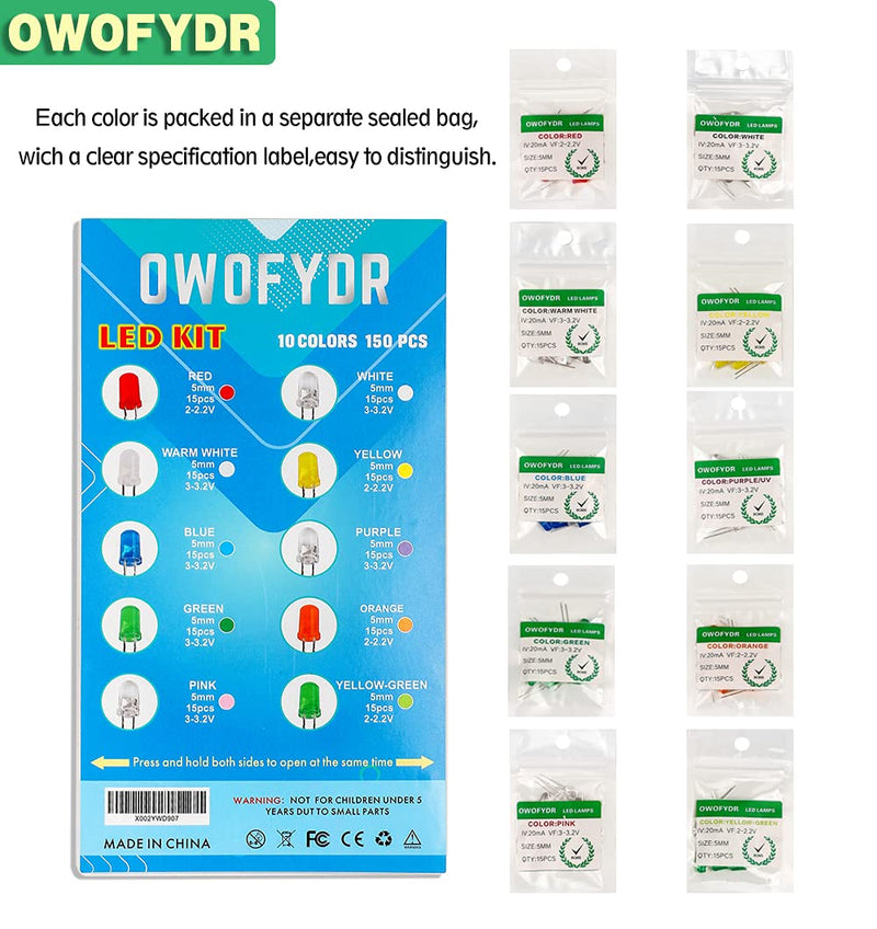 [Australia - AusPower] - OWOFYDR 10 Colors 5mm LED Light-Emitting diode lamp Combination kit Package Round Mixed Color White red Yellow Green Blue Warm White Purple Yellow Green Pink Orange (color) 10 colors × 15pcs=150pcs 