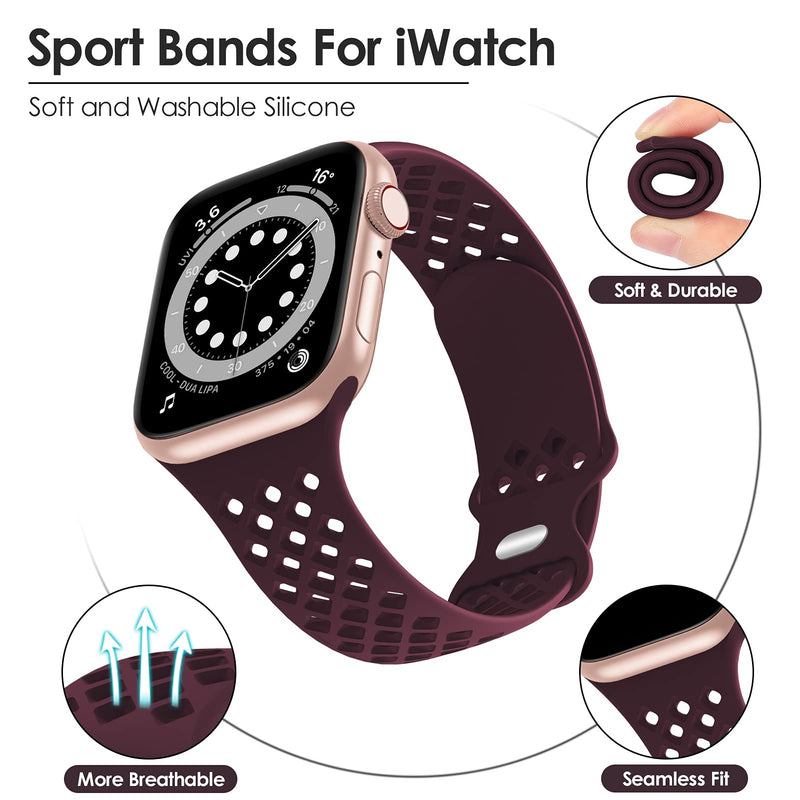 [Australia - AusPower] - Luxury Wristband Compatible with Apple Watch Bands 38mm 40mm 41mm for Women Men-Soft Silicone Waterproof Sport Replacement Smart Watch Strap with Breathable Holes for iWatch SE Series 7 6 5 4 3 2 1 Wine Red 38mm/40mm/41mm 