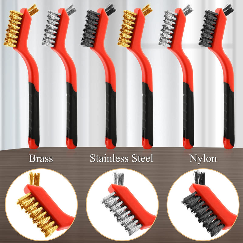 [Australia - AusPower] - Wire Brush Set, 6 Pcs Brass/Stainless Steel/Nylon Wire Brushes for Cleaning with Curved Handle Grip for Rust Removal, Dirt, Paint Scrubbing 