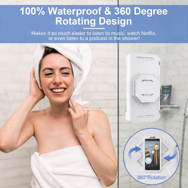 [Australia - AusPower] - Waterproof Shower Phone Holder, URROY 360° Rotation Shower Phone Case, Anti-Fog High Sensitivity Cover Mount Box for Bathroom Wall Mirror Bathtub Kitchen, Compatible with 4" - 7" Cell Phones White 
