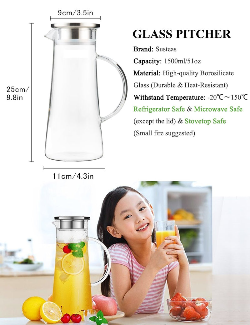 [Australia - AusPower] - SUSTEAS 1.5 Liter 51oz Glass Pitcher with Lid, Easy Clean Heat Resistant Glass Water Carafe with Handle for Hot/Cold Beverages - Water, Cold Brew, Iced Tea & Juice 