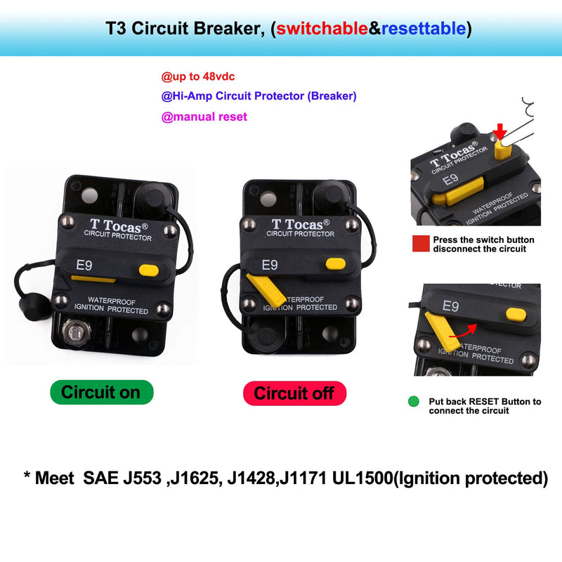 [Australia - AusPower] - T Tocas 50 Amp Thermal Circuit Breaker with Switch Manual Reset for Boat Marine RV Yacht Battery Truck Solar, 12V - 48V DC, Waterproof (50A) 50a 