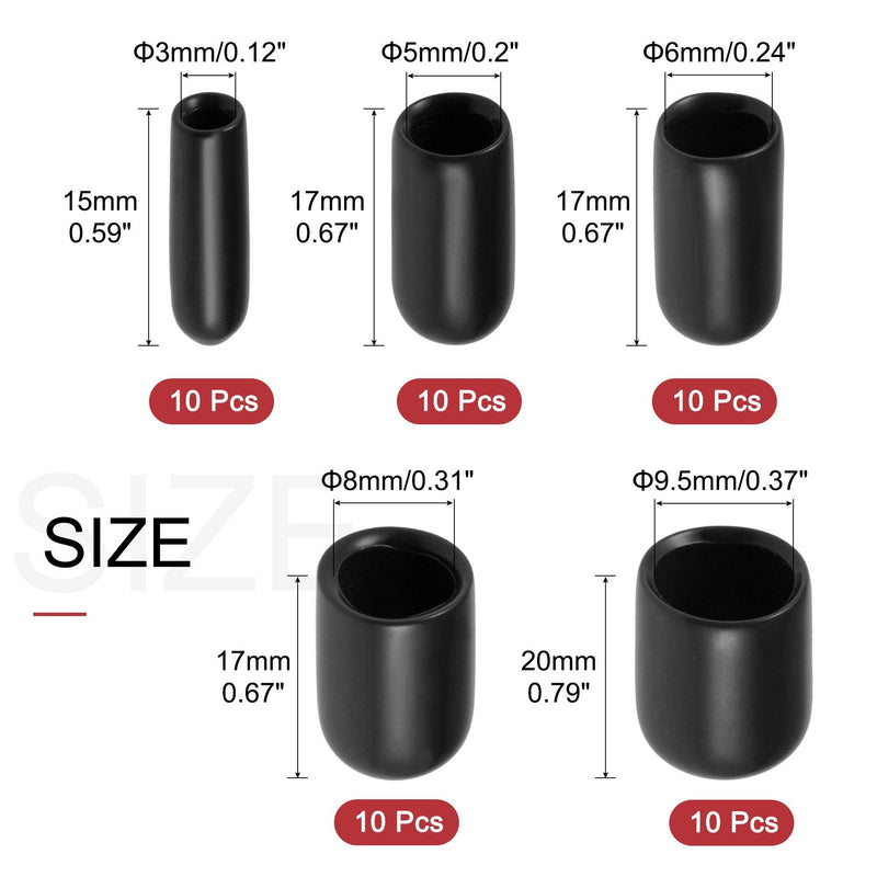 [Australia - AusPower] - uxcell 50pcs Round Rubber End Caps 1/8" 3/16" 1/4" 5/16" 3/8" Black Vinyl Cover Screw Thread Protectors Assortment Kit 