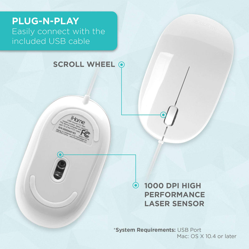 [Australia - AusPower] - iHome Wired Mac Mouse with Scroll Wheel, 3-Buttons, 1600 DPI, Laptops and Computers, Slim and Compact, Right or Left Hand Use, White 