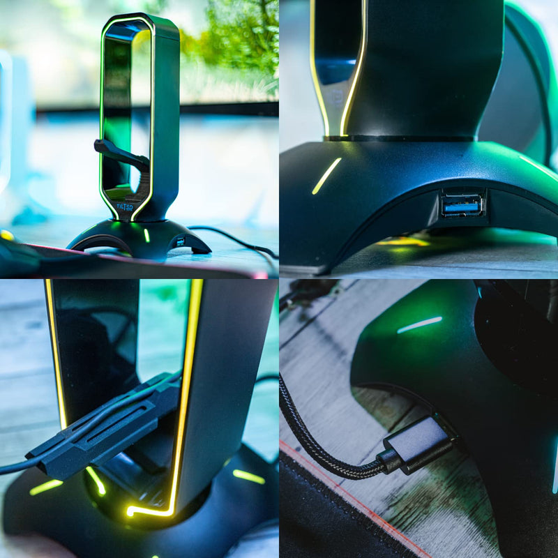 [Australia - AusPower] - Tilted Nation RGB Headset Stand and Gaming Headphone Stand for Desk Display with Mouse Bungee Cord Holder - Gaming Headset Holder with USB 3.0 Hub for Xbox, PS4, PC - Perfect Gaming Accessories Gift Black 