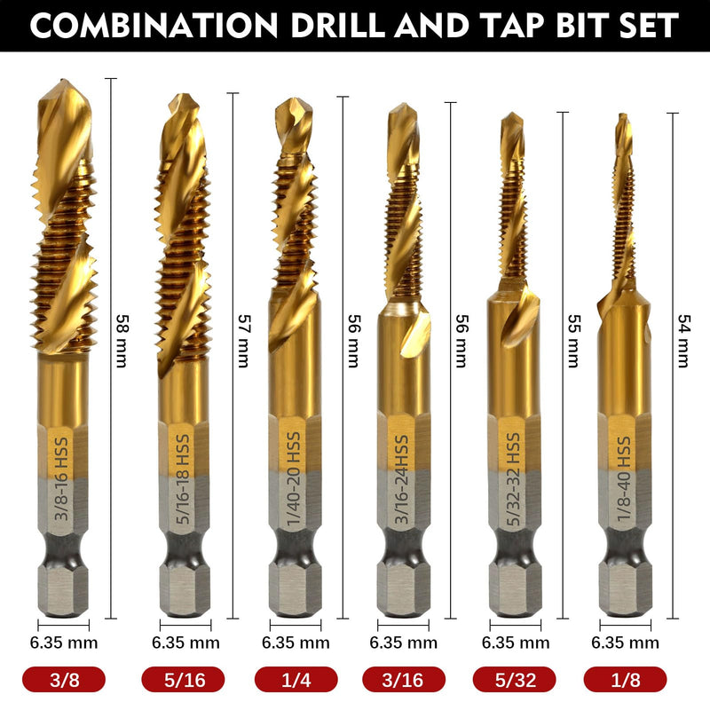 [Australia - AusPower] - RENYU 6Pcs Combination Drill and Tap Bit Set, 1/4" Hex Shank with Titanium Coating Screw Tap Drill Bits for Metal, Plastic, Wood 