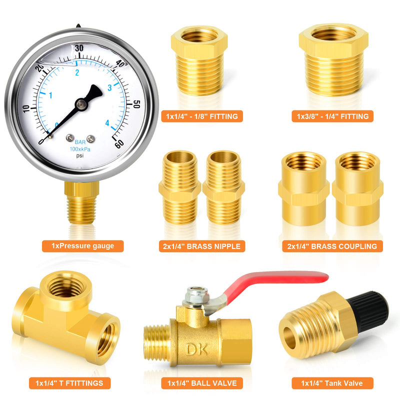 [Australia - AusPower] - GASHER 10PCS 1/4" Brass Pipe Fitting Kit, 0-60PSI Pressure Gauge, Brass Nipple & Coupling, Brass T Fitting & Ball Valve with Hex Bushing 1/4" - 1/8" & 3/8" - 1/4" 