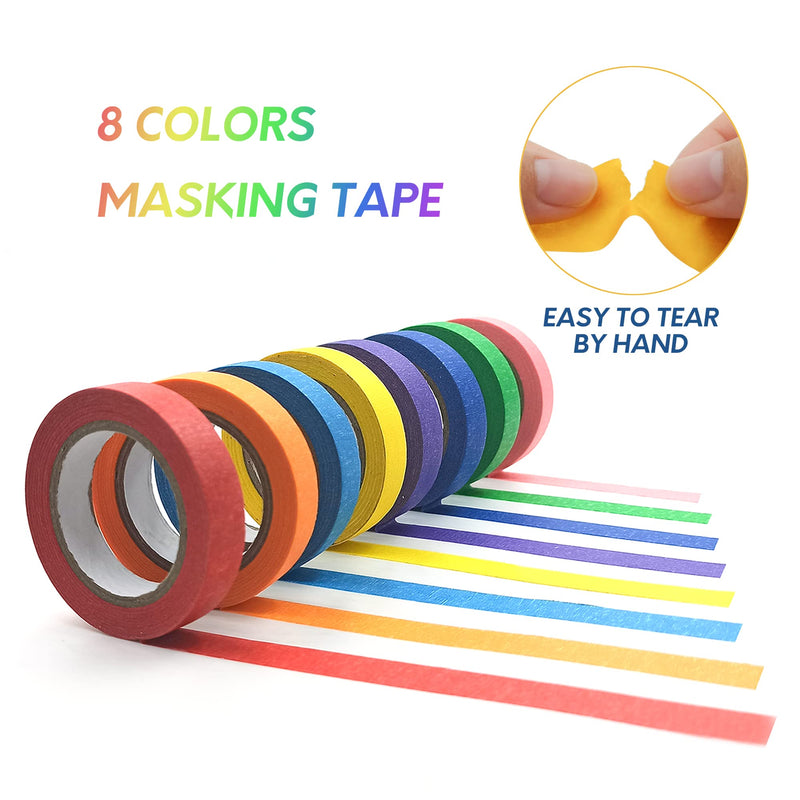 [Australia - AusPower] - 8PCS Colored Masking Tape - Painters Tape, Rainbow Colors Rolls, Kids Art Supplies, Great for Crafts, Labeling, DIY Decorative, 1/2 Inch Masking Tape 