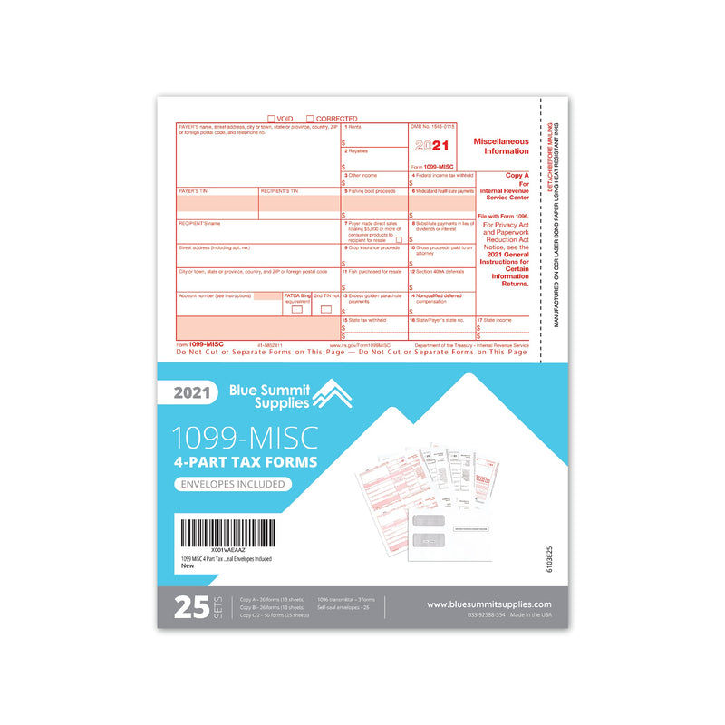 [Australia - AusPower] - 1099 MISC Forms 2021, 4 Part Tax Forms Kit, 25 Vendor Kit of Laser Forms, Compatible with QuickBooks and Accounting Software, 25 Self Seal Envelopes Included 