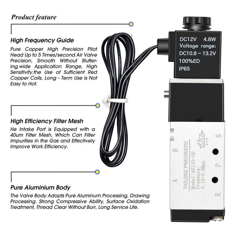 [Australia - AusPower] - TAILONZ PNEUMATIC 1/8"NPT Solenoid Valve 4V110-06 12V/24V/110V/220V Single Coil Pilot-Operated Electric 2 Position 5 Way Connection Type DC12V 