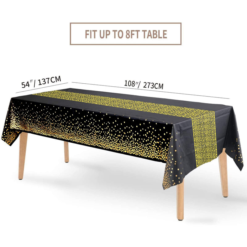 [Australia - AusPower] - FECEDY 4 Packs 54 inx108 in Gold Wave Point Black Disposable Plastic Table Cover Waterproof Tablecloths for Rectangle Tables up to 8 ft in Length Party Decorations, Black Gold 