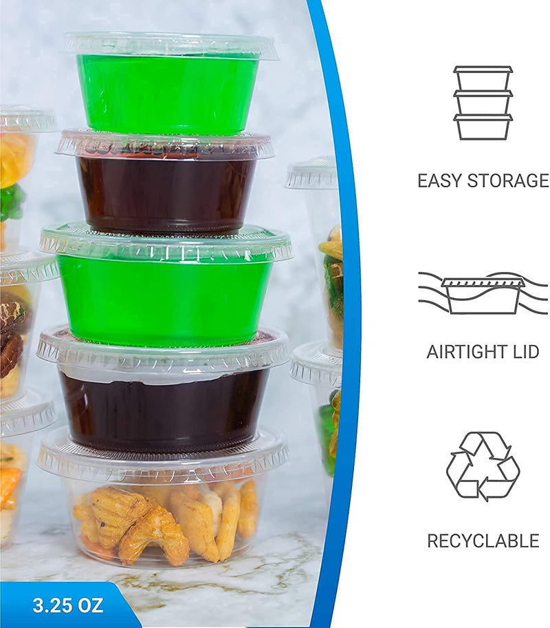 [Australia - AusPower] - [3.25 OZ, 50 Sets] EDI Clear Disposable Plastic Portion Cups with Leakproof Lids | Jello Shot Cups | Condiment and Dipping Sauce Cups | Souffle Cups | BPA Free | Recyclable 