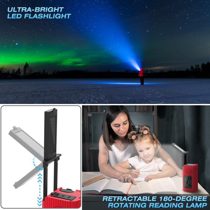 [Australia - AusPower] - 【2023 Newest】 NOAA Emergency Weather Radio, 4000mAh Weather Alert Radio Solar Charging, Hand Crank & USB Charged, AM/FM Radio with LED Flashlight, Reading Lamp, SOS Alarm, Headphone Jack for Outdoor Red 