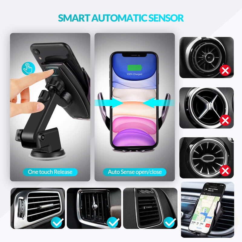 [Australia - AusPower] - Car Phone Mount,Auto-Clamping Smart Sensor 10W Qi Fast Charging Car Front Windshield Dashboard Air Vent Phone Holder Compatible with iPhone12/12 pro max/Samsung S20/note 20 All 4.7-6.7 Inch Smartphone Black 