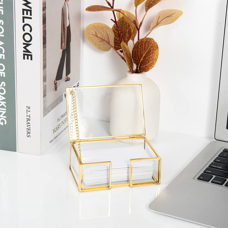 [Australia - AusPower] - Feyarl Clear Gold Glass Business Card Box with Lid Name Card Display Business Card Organizer Container Collection Cards Box Storage for Office Desktop CounterTop Meeting 